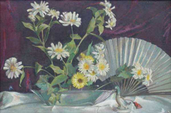 Painting by Richard Delano Briggs: White Flowers with Duck, represented by Childs Gallery