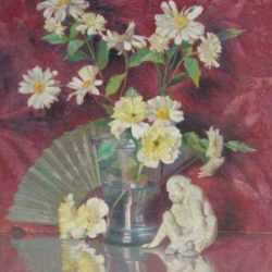 Painting by Richard Delano Briggs: Zinnias with Fan and Monkey, represented by Childs Gallery