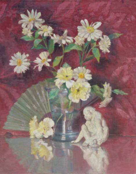 Painting by Richard Delano Briggs: Zinnias with Fan and Monkey, represented by Childs Gallery