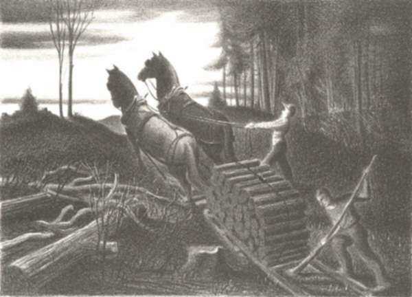 Print by Richard F. Bartlett: Hauling Wood, represented by Childs Gallery