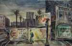 Watercolor by Robert (Bob) White: Twilight Sioux City (Iowa)-Returning from Work, represented by Childs Gallery