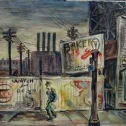 Watercolor by Robert (Bob) White: Twilight Sioux City (Iowa)-Returning from Work, represented by Childs Gallery