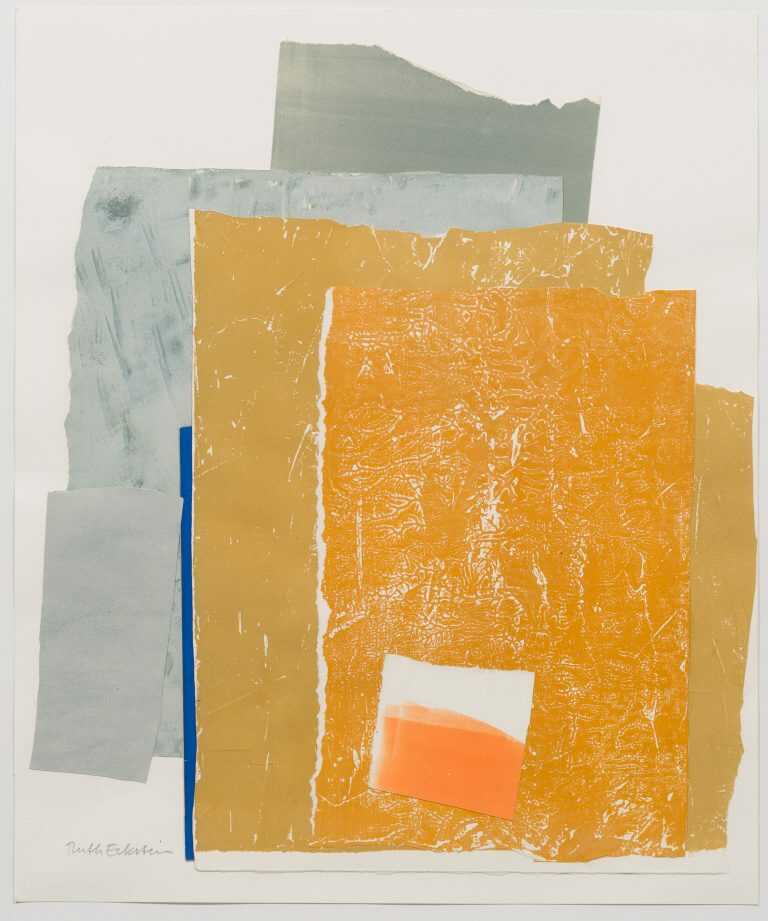 Collage by Ruth Eckstein: [Abstract Composition in Rust Yellow and Blue], available at Childs Gallery, Boston