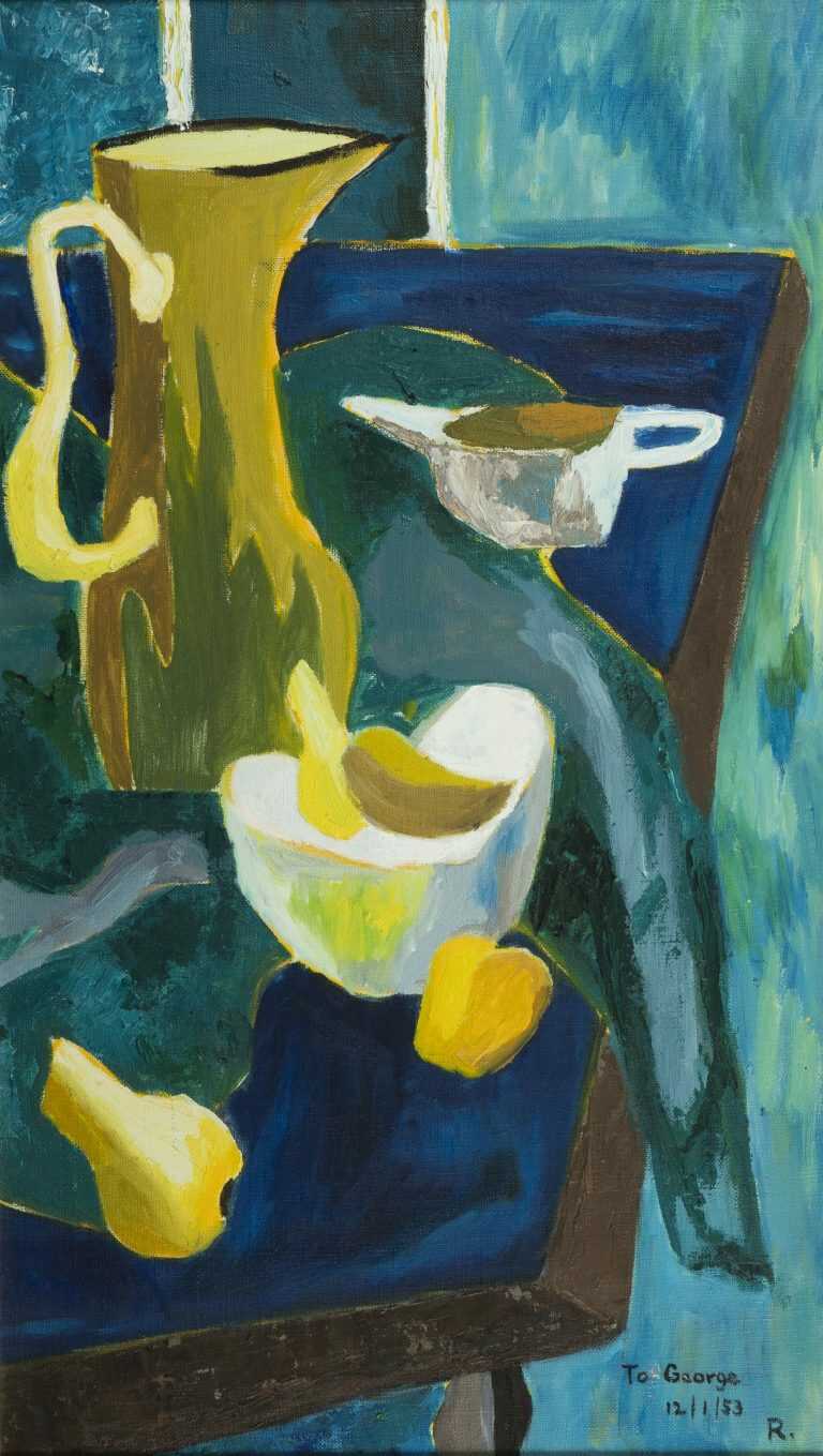 Painting by Ruth Eckstein: [Blue Still Life with Pears], available at Childs Gallery, Boston