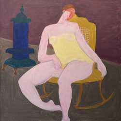 Painting by Sally Michel: Nude with Stove, available at Childs Gallery, Boston