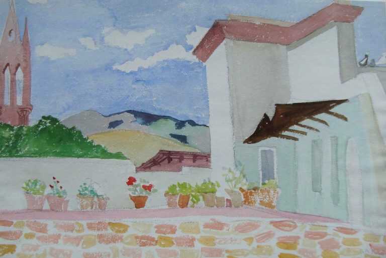Watercolor By Sally Michel: Mexican Rooftops At Childs Gallery