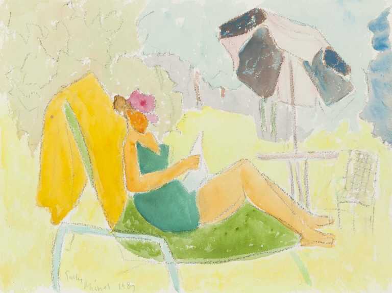 Watercolor By Sally Michel: Untitled [poolside Reader] At Childs Gallery