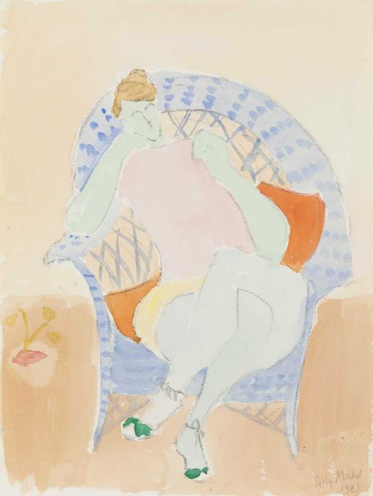 Watercolor By Sally Michel: Untitled [woman In Wicker Chair] At Childs Gallery