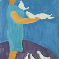 Painting By Sally Michel: Untitled [woman With Outstretched Arms And Doves] At Childs Gallery