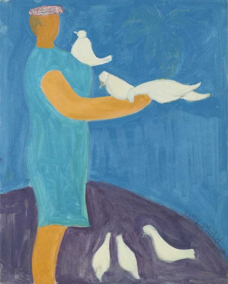 Painting By Sally Michel: Untitled [woman With Outstretched Arms And Doves] At Childs Gallery