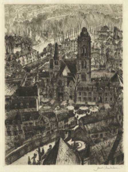 Print by Samuel Chamberlain: Early Morning Market, Senlis (France), represented by Childs Gallery