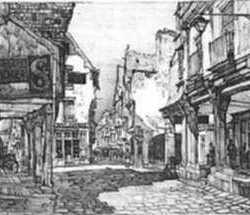 Print by Samuel Chamberlain: The Sheltered Street, Vitre, represented by Childs Gallery