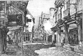 Print by Samuel Chamberlain: The Sheltered Street, Vitre, represented by Childs Gallery