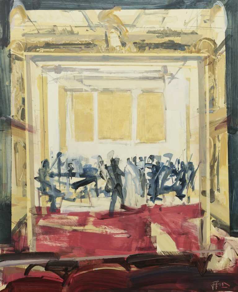Painting by Sean Flood: Rehearsal Session, available at Childs Gallery, Boston