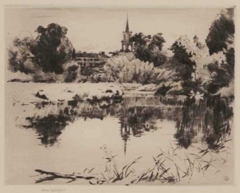Print by Sears Gallagher: [View Across Water Towards A Church], represented by Childs Gallery