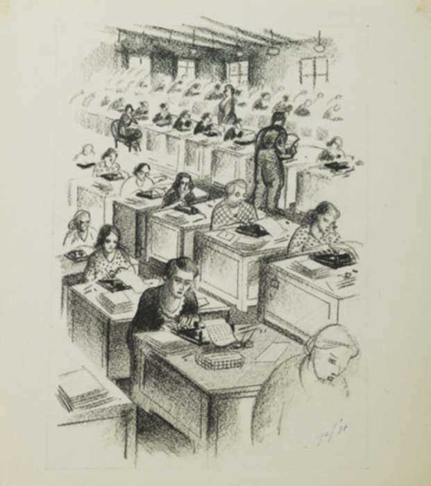 Drawing by Seymour Fogel: [The Secretary Pool], represented by Childs Gallery