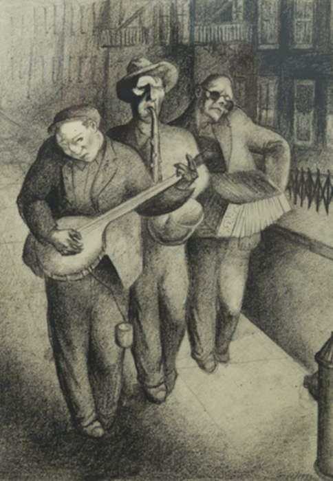 Drawing by Seymour Fogel: Three Street Musicians, represented by Childs Gallery
