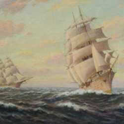 Painting by T. Bailey: Two Ships in Full Sail, represented by Childs Gallery