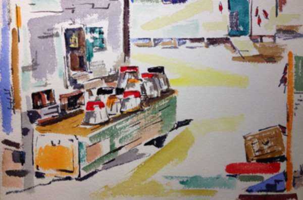 Watercolor by Ted Davis: Fishing Gear, Monhegan, Maine, represented by Childs Gallery
