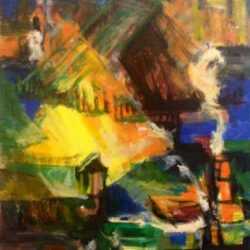 Painting by Ted Davis: Harlem River Bridge, represented by Childs Gallery