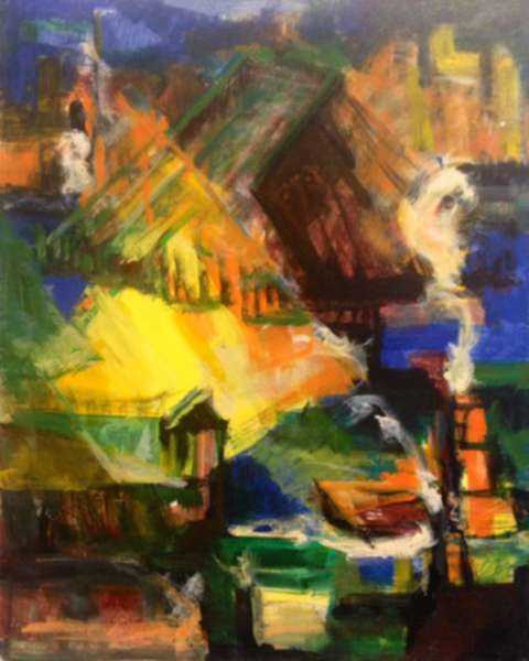 Painting by Ted Davis: Harlem River Bridge, represented by Childs Gallery