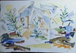 Watercolor by Ted Davis: Monhegan Village, Maine, represented by Childs Gallery
