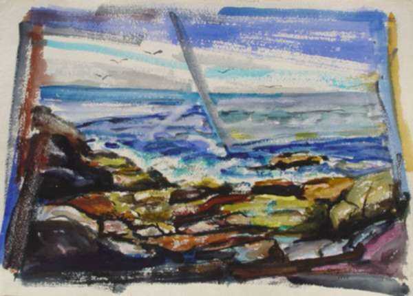 Watercolor by Ted Davis: Movement in Mood #1, Monhegan Island, Maine, represented by Childs Gallery