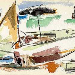 Watercolor By Ted Davis: Sailboats, Monhegan Island, Maine At Childs Gallery
