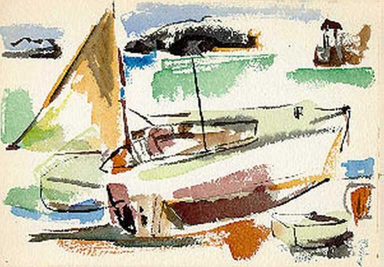 Watercolor By Ted Davis: Sailboats, Monhegan Island, Maine At Childs Gallery