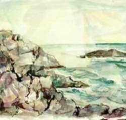 Watercolor by Ted Davis: Sun Over High Duck Rock, represented by Childs Gallery