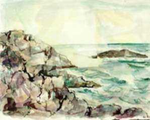 Watercolor by Ted Davis: Sun Over High Duck Rock, represented by Childs Gallery