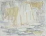 Watercolor by Ted Davis: Yellow Sails, Monhegan, Maine, represented by Childs Gallery