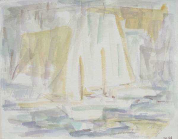 Watercolor by Ted Davis: Yellow Sails, Monhegan, Maine, represented by Childs Gallery