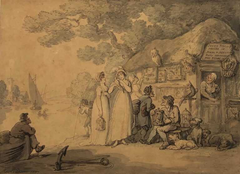 Watercolor by Thomas Rowlandson: Pidcock, Dealer in Birds and Beasts, available at Childs Gallery, Boston