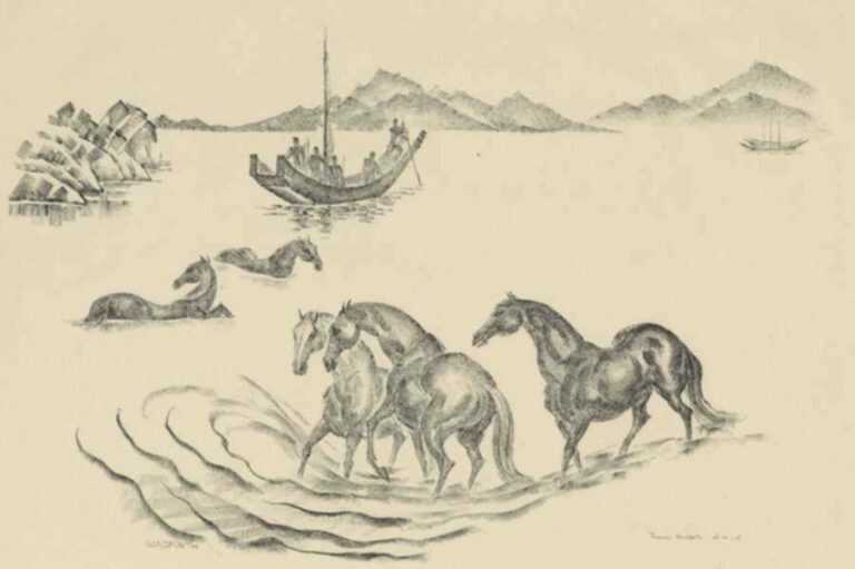 Print by Thomas Handforth: Horses Bathing, represented by Childs Gallery