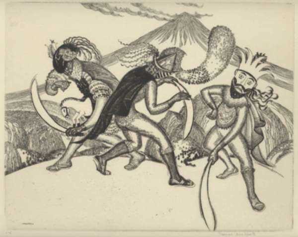 Print by Thomas Handforth: Santiago y Conquistadores, represented by Childs Gallery