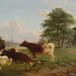 Painting by Thomas Hewes Hinckley: Landscape: Cattle, Woman, Boy and Newfoundland Dog, represented by Childs Gallery