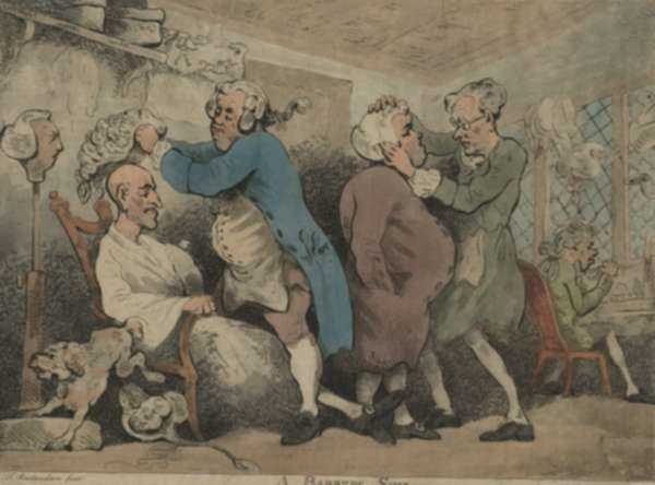 Print by Thomas Rowlandson: A Barbers Shop, represented by Childs Gallery