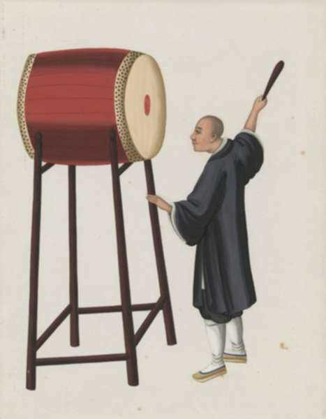 Watercolor by Tingqua: [Chinese Drummer], represented by Childs Gallery