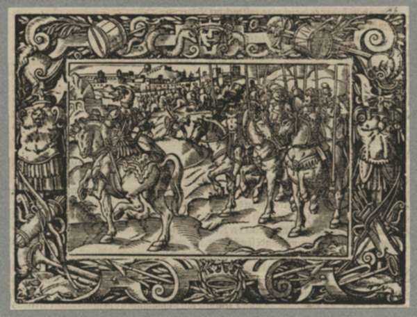 Print by Tobias Stimmer: [Battle Scene with Men on Horseback] -from Livy's "History o, represented by Childs Gallery