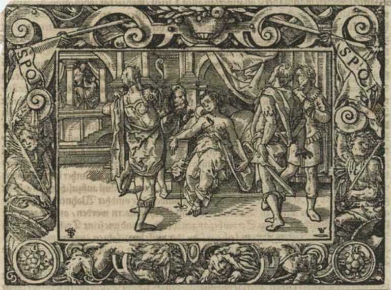 Print by Tobias Stimmer: The Death of Lucretia [from Livy's "History of Rome" I.58], represented by Childs Gallery