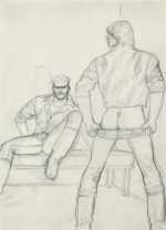 Drawing by Tom of Finland: Untitled [Peter Berlin from the rear with Seated Male Figure], available at Childs Gallery, Boston