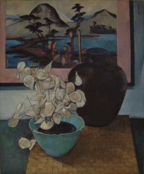 Painting by Tosca Olinsky: [Black Vase with Japanese Print], represented by Childs Gallery