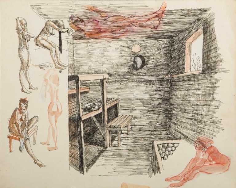 Drawing By Ture Bengtz: [sauna Interior With Nude Sketches] At Childs Gallery