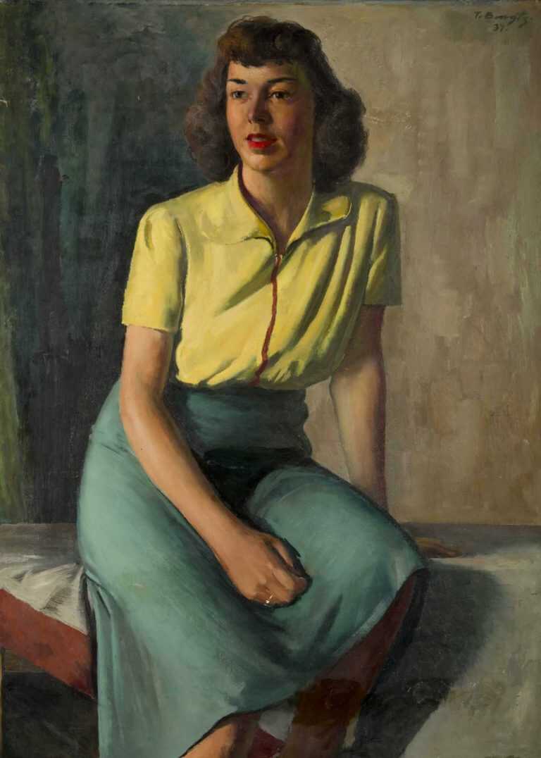 Painting By Ture Bengtz: Seated Woman In Blue Skirt At Childs Gallery