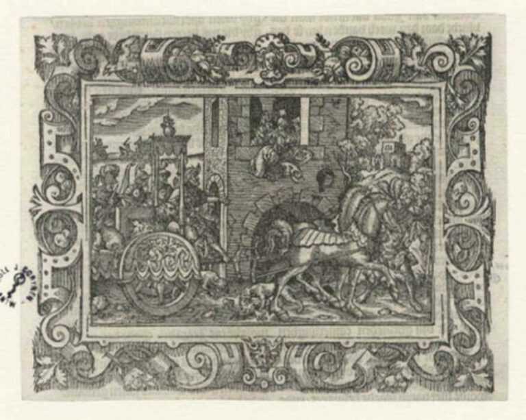 Print by Virgilius Solis: Jezebel Thrown from the Window and Eaten by his Dogs (2 King, represented by Childs Gallery