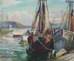 Watercolor by W. Lester Stevens: Boats Docked, Gloucester, available at Childs Gallery, Boston