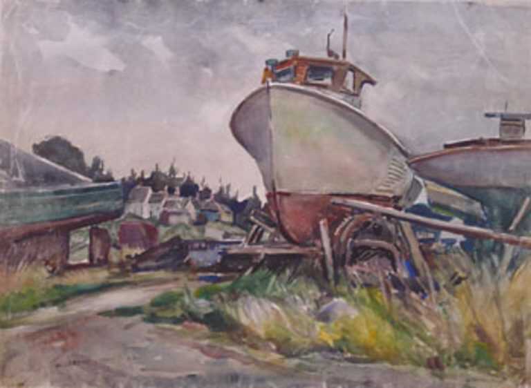 Watercolor by W. Lester Stevens: Drydock, Port Clyde, Maine, available at Childs Gallery, Boston