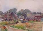 Watercolor by W. Lester Stevens: Fishing Village, available at Childs Gallery, Boston