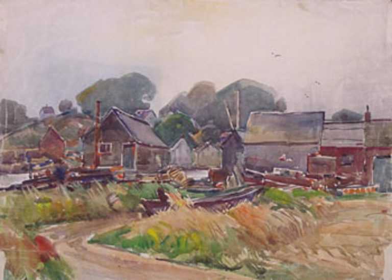 Watercolor by W. Lester Stevens: Fishing Village, available at Childs Gallery, Boston
